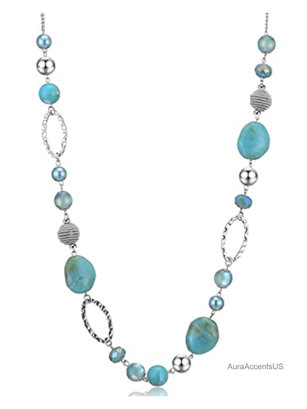 Beaded Long Necklace Silver Plated Sweater Chain with Resin Crystal Beads